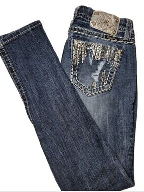 Miss Me Womens 26Wx33L Dark Wash Embellished Pockets Straight Leg Jeans